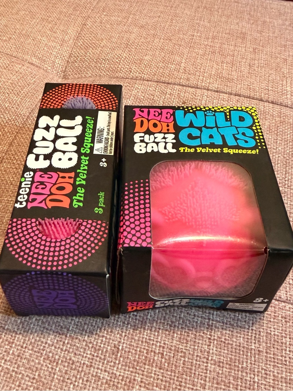 Nee Doh Bundle Wild Cats Fuzz Ball 3 pack teenie balls Pink Velvet Squeeze